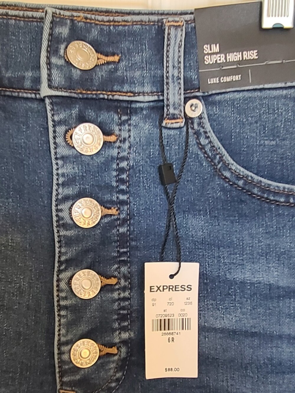 Express Lux Comfort Button-Fly Slim Super High Rise Jeans in Dark Blue